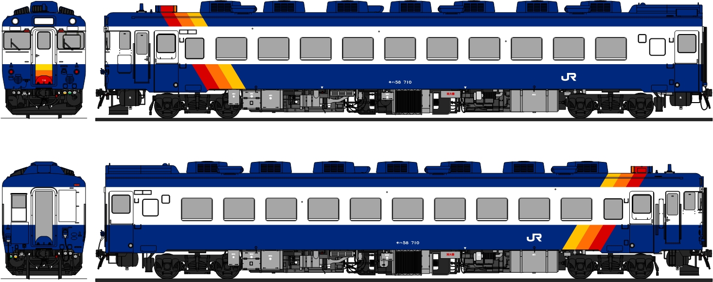 キハ58 710 1966年1月27日日本車両製の第11次車で 昭和40年度第1次民有で長野機関区へ配置された 同一ロットの710 713全車が長野へ配置された 長野では中央西線の急行を中心に使用され 急行 きそ の他 急行 ちくま 越後 で大阪